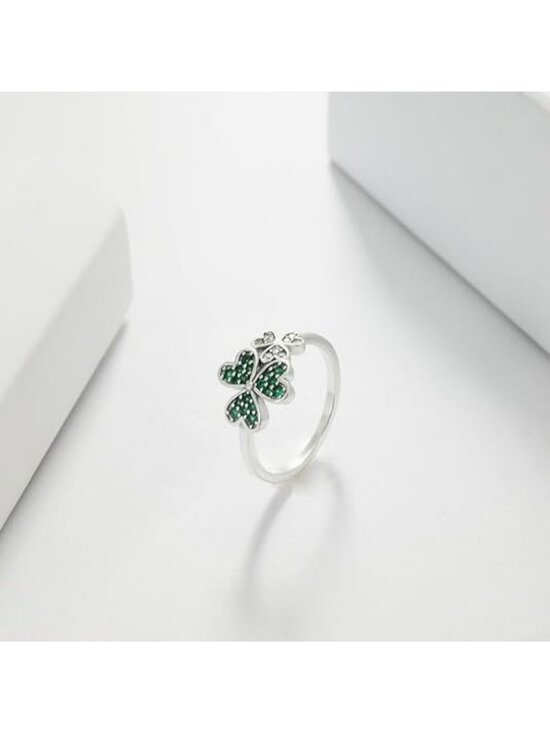 Silver Clover Ring, Womens Shamrock Ring - Irish Jewelry  Shamrock 925 Sterling Silver Leaf Clover Dainty Inlaid Zircon Ring